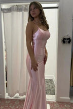 Satin Mermaid Round Neck Spaghetti Strap Pink Prom Dresses PSK712