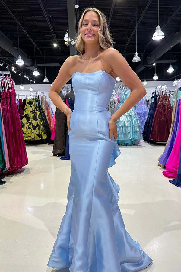 Satin Strapless Blue Prom Dress Party Dress with Ruffle Train PSK673