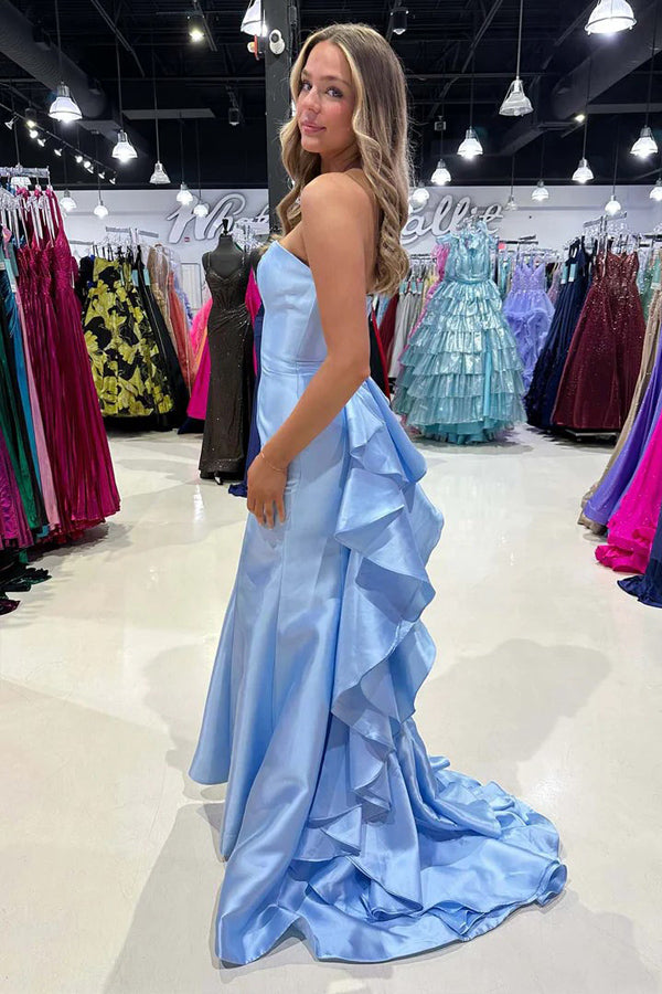 Satin Strapless Blue Prom Dress Party Dress with Ruffle Train PSK673