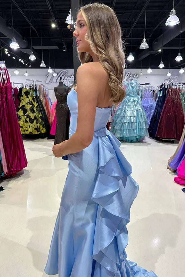 Satin Strapless Blue Prom Dress Party Dress with Ruffle Train PSK673
