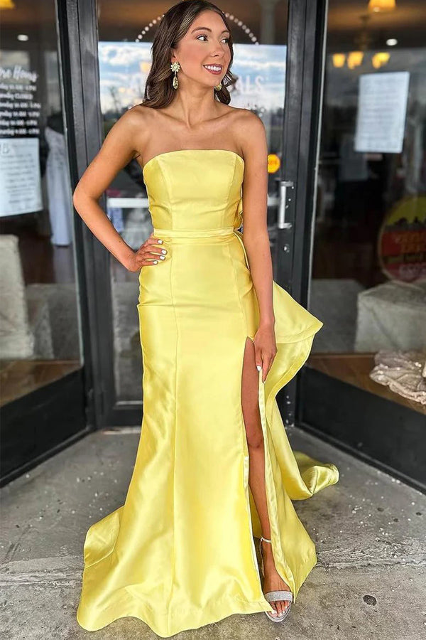 Satin Strapless Scoop Big Bow Mermaid Yellow Split Prom Dress PSK694