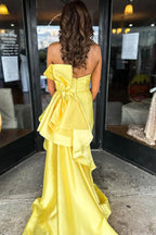 Satin Strapless Scoop Big Bow Mermaid Yellow Split Prom Dress PSK694