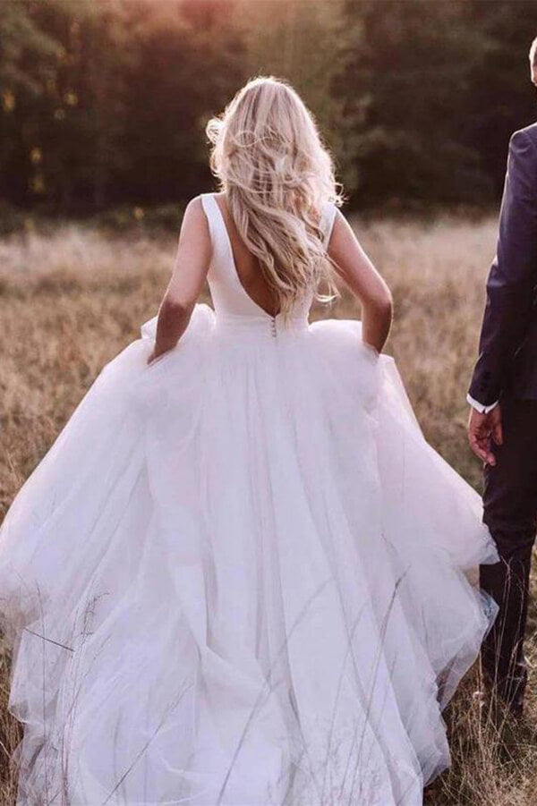 Satin Tulle A-Line Bateau Sleeveless Wedding Dresses With Bow, MW554