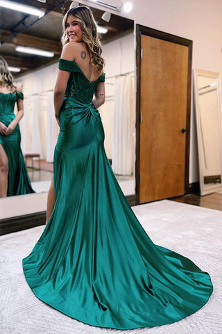 Satin Lace Mermaid Off Shoulder Green Long Prom Dress PSK375