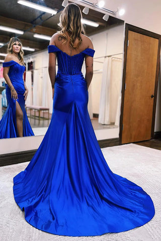 Satin Lace Mermaid Off Shoulder Green Long Prom Dress PSK375