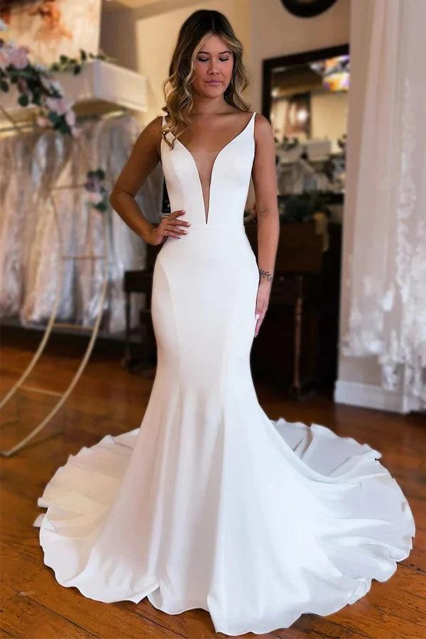 NumberSea Satin Mermaid Plunge V-neck Backless Court Train Wedding Dresses, MW1017