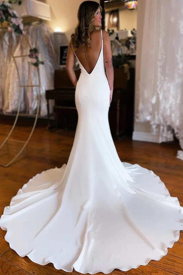 NumberSea Satin Mermaid Plunge V-neck Backless Court Train Wedding Dresses, MW1017