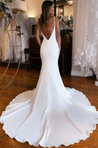 NumberSea Satin Mermaid Plunge V-neck Backless Court Train Wedding Dresses, MW1017