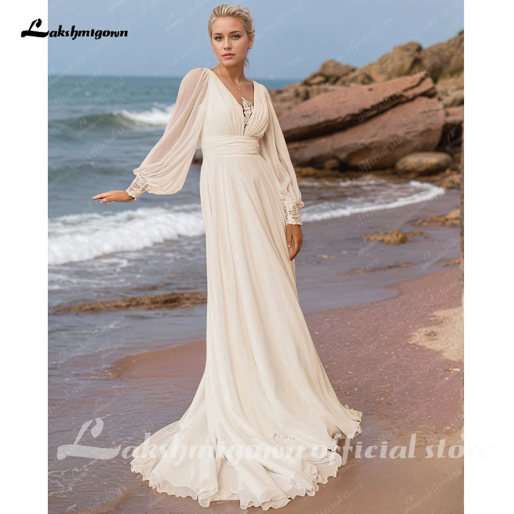 Lakshmigown A-Line Wedding Dress Puff Sleeve Illusion Back Chiffon Civil Vestido De Noiva Applique For Women Customized