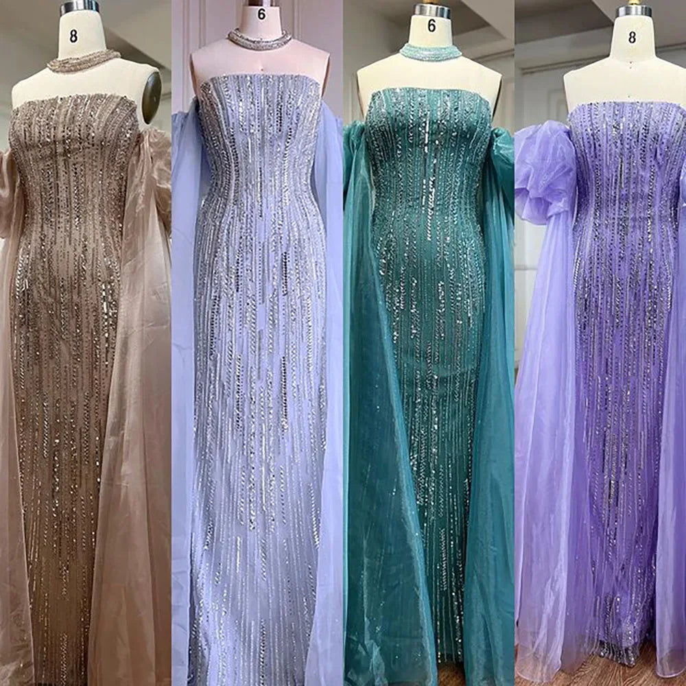 Serene Hill Customized Blue Mermaid Puff Sleeves Beaded Evening Dresses Dubai Elegant Party Gowns For Women 2024 DLA71823