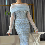 Serene Hill Blue Mermaid Beaded Evening Dresses with Detachable Sleeves Elegant Party Gowns for Women DLA72714 Customized
