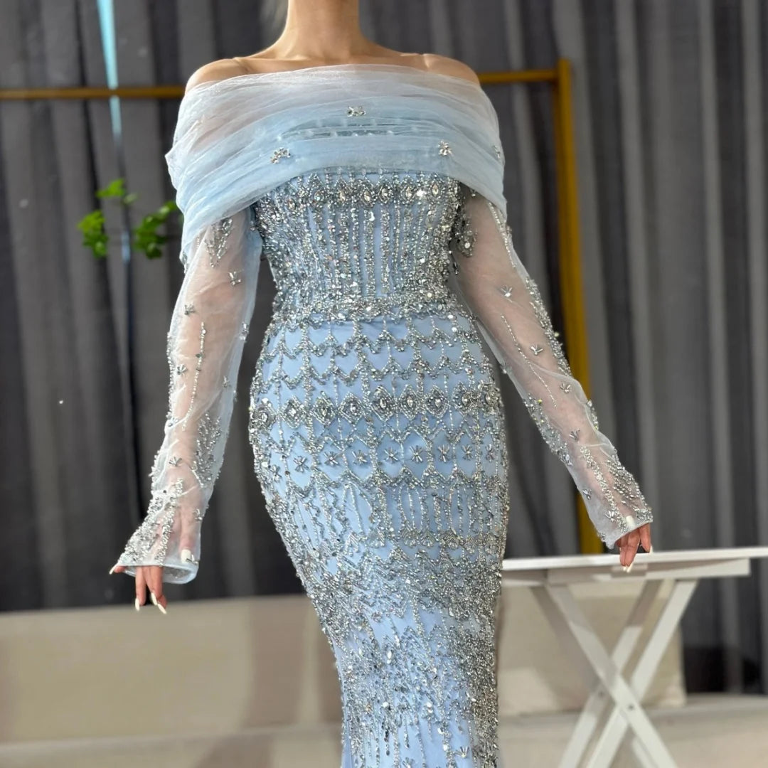 Serene Hill Blue Mermaid Beaded Evening Dresses with Detachable Sleeves Elegant Party Gowns for Women DLA72714 Customized