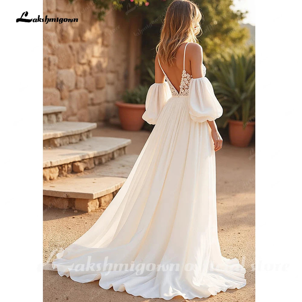Lakshmigown Chiffon V-Neck Court Train Ivory Beach Wedding Dress with Lace Appliques Spaghetti Straps Long Boho Wedding Gown
