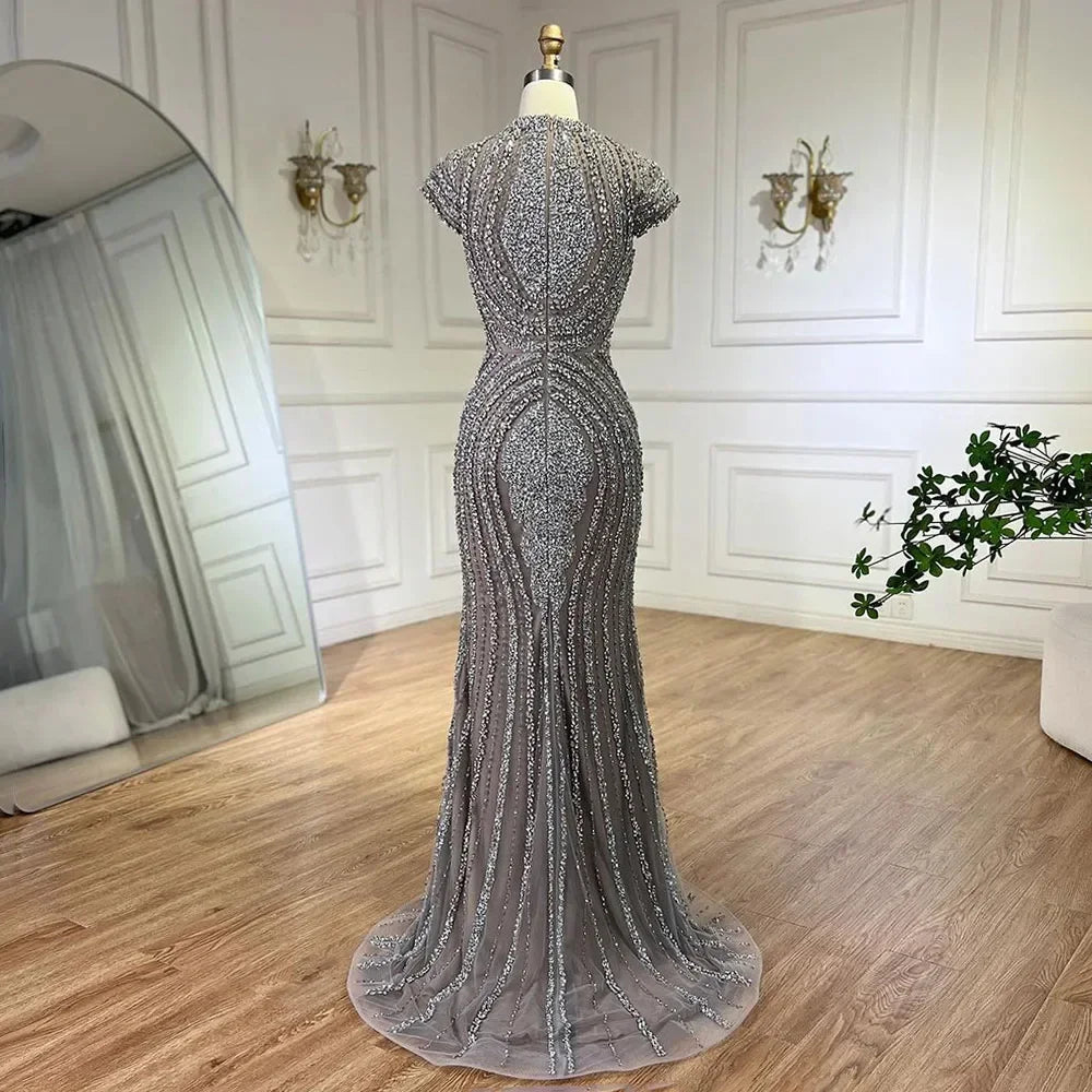 Serene Hill Gray Nude Cap Sleeves Mermaid Beaded Luxury Evening Dresses Formal Party Gowns for Women DLA72344 Customized