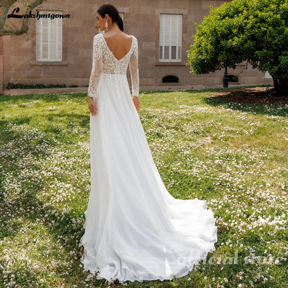 Lakshmigown Lace V-Neck Chiffon Wedding Dress for Women A-Line Sweep Train Backless Vestidos De Novia  Customized