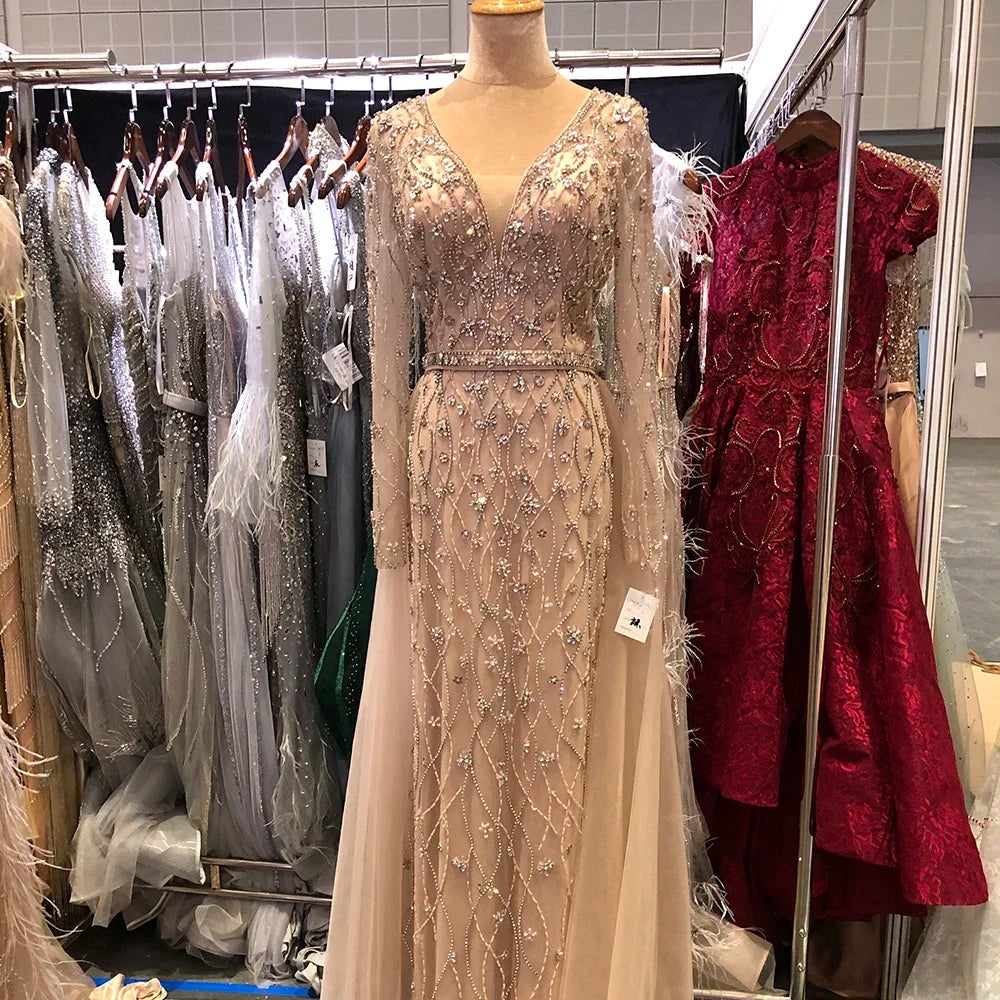 Serene Hill Lilac V-Neck Long Sleeves Mermaid Beaded Evening Dress Detachable Overskirt Party Gown for Women DLA70341