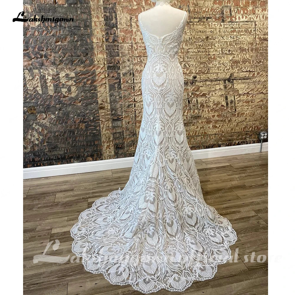 Lakshmigown Spaghetti straps Lace Mermaid Boho Bohemian Wedding Dress with Detachable Sleeve 2026 Bridal Gown Customized