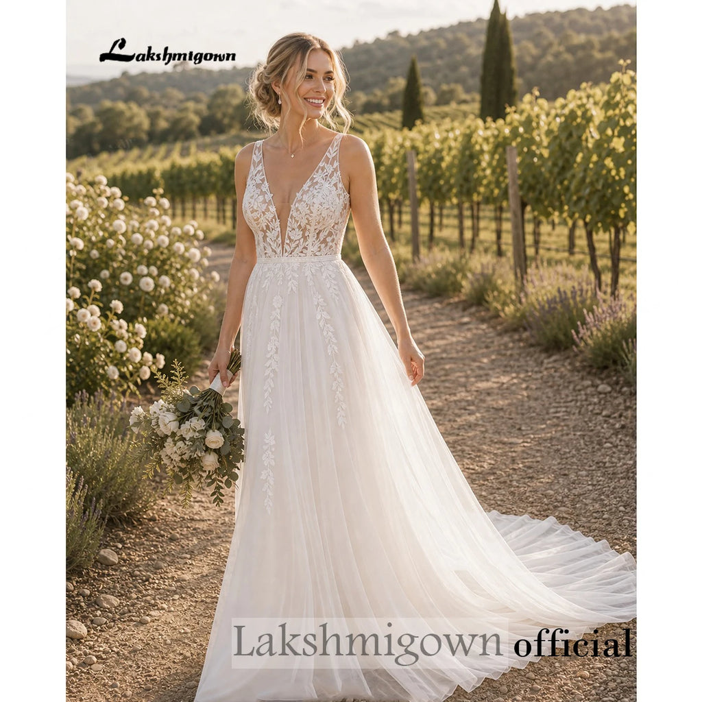 Lakshmigown Sexy Boho Country Tulle Illusion Wedding Dress Deep V‑Neck Sleeveless Lace Appliques Tulle Bridal Gown Customized