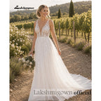 Lakshmigown Sexy Boho Country Tulle Illusion Wedding Dress Deep V‑Neck Sleeveless Lace Appliques Tulle Bridal Gown Customized