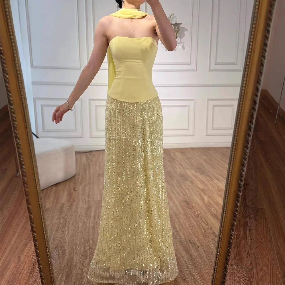 Abito da sera sirena in chiffon giallo lusso con mantella LA73007