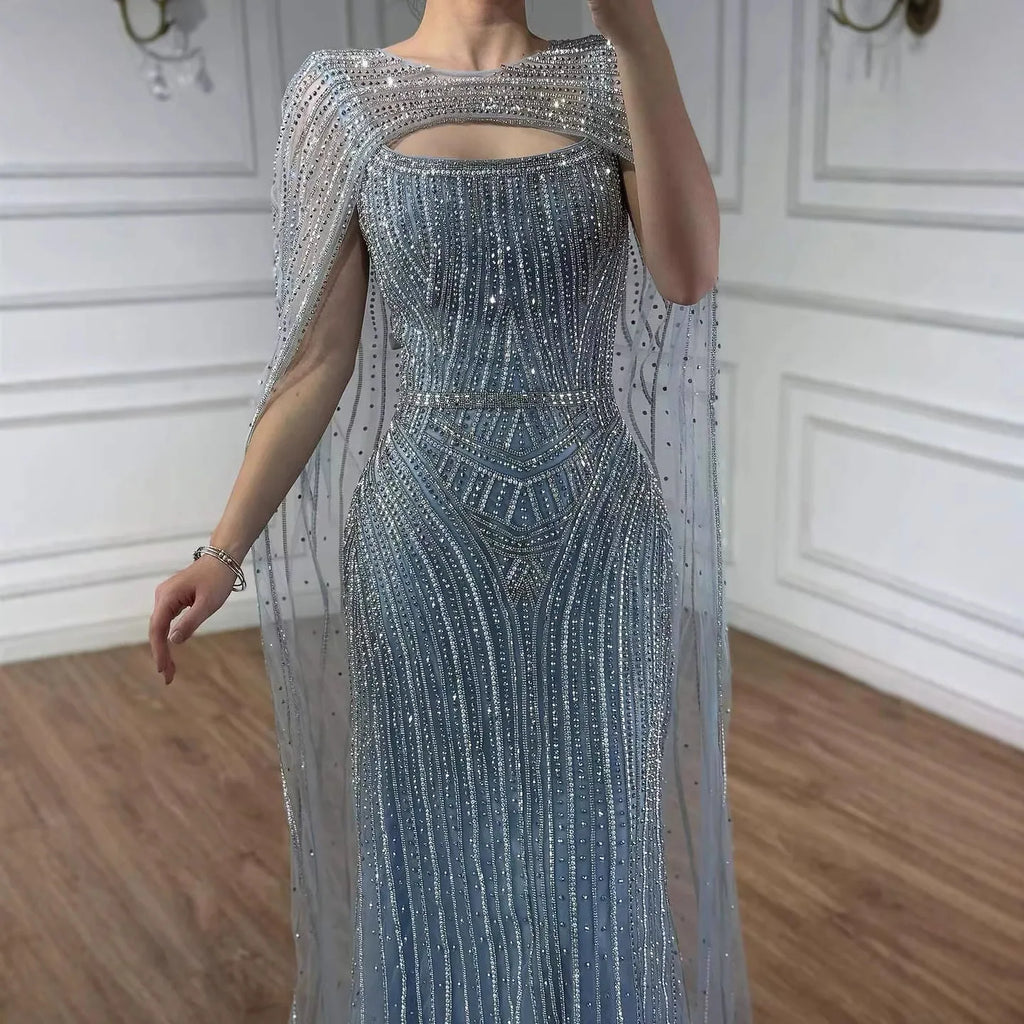 Abito da Sera con Mantella Blu Diamante di Lusso LA73426
