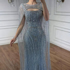 Abito da Sera con Mantella Blu Diamante di Lusso LA73426