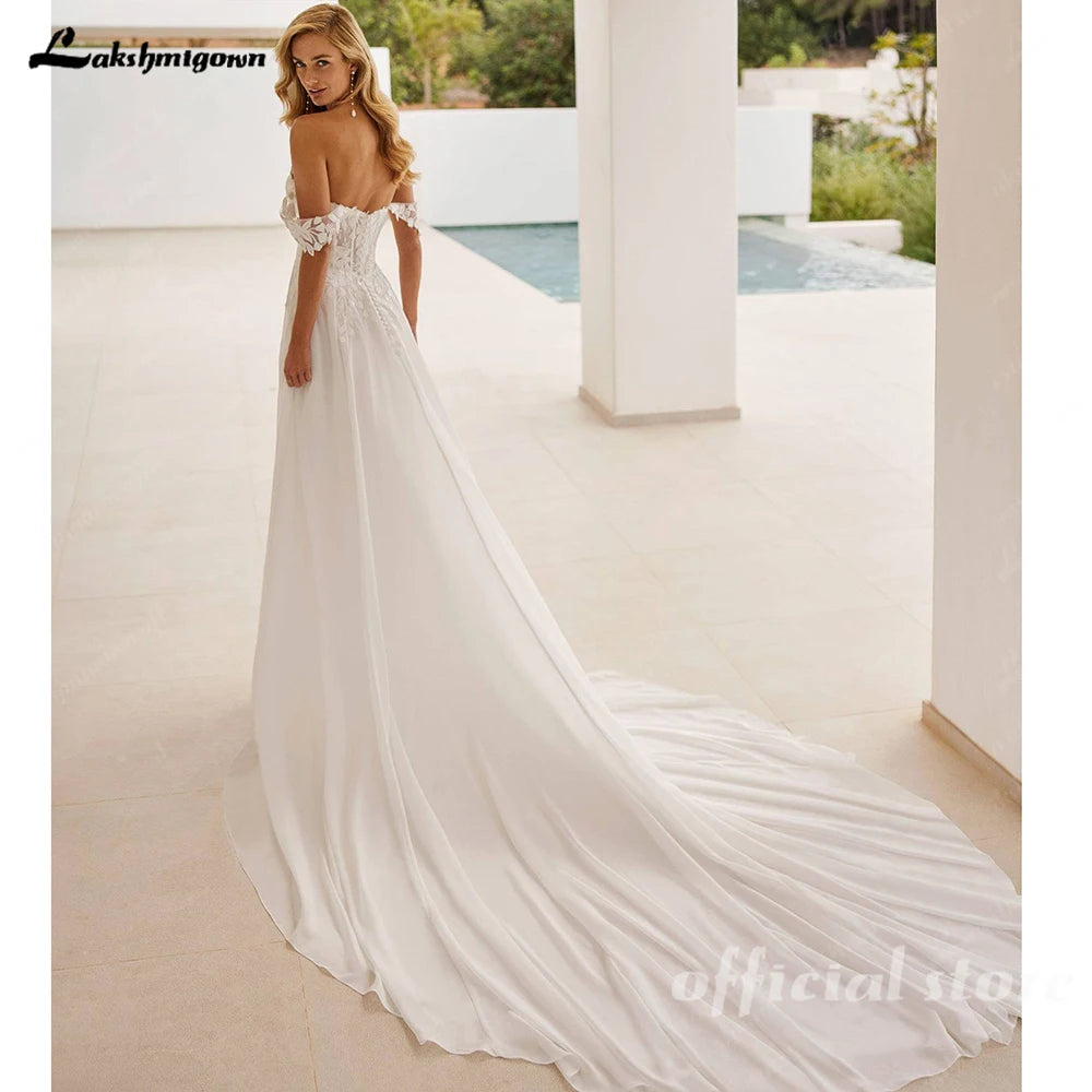 Lakshmigown Boho Beach Chiffon Wedding Dress For Woman Bride Slit Off the Shoulder A-line Vestido De Casamento Customized