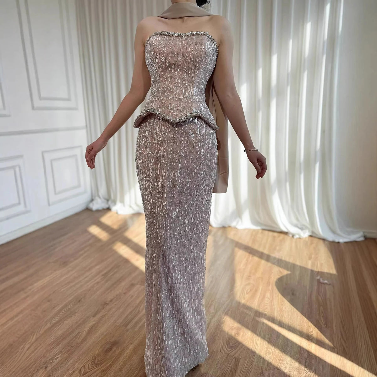 Serene Hill Luxury Beaded Evening Dresses Strapless Peplum Vestidos De Fiesta Wedding Party Formal Wear Gown for Women DLA73076A