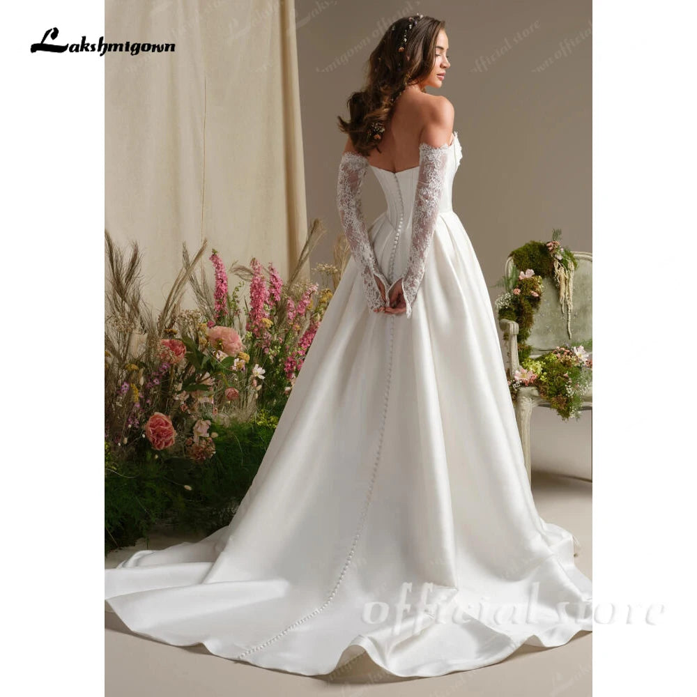 Lakshmigown A Line Satin Wedding Dress 2026 New Off the Shoulder Lace Long Sleeves Wedding Gown Corset Bridal Dress Customized