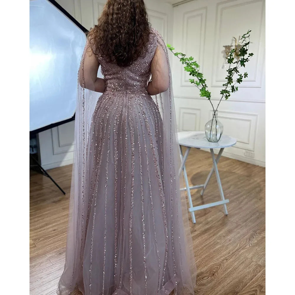Serene Hill Customized Pink A-Line Cape Sleeves Luxury Beaded Evening Dresses Party Gowns 2025 For Women Wedding DLA71567