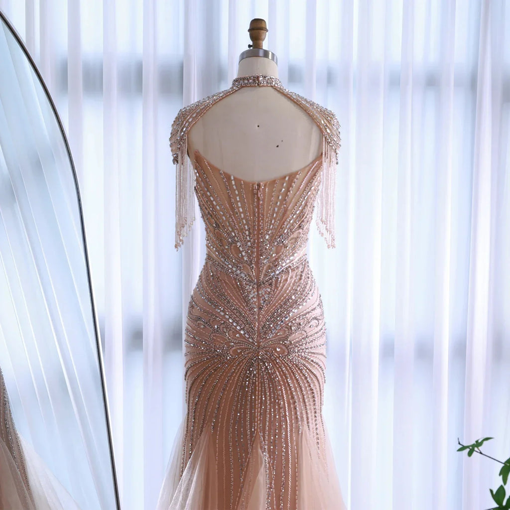 Abito da sera di lusso di Dubai con perline blu rosa e mantellino con nappe LA72897B