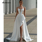 Lakshmigown Modern Wedding Dress Spaghetti Straps High Slit Sweep Train Satin Bridal Gown for Bride Customized