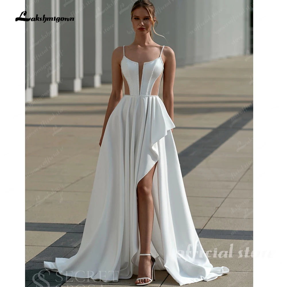 Lakshmigown Modern Wedding Dress Spaghetti Straps High Slit Sweep Train Satin Bridal Gown for Bride Customized