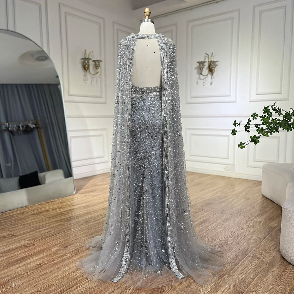 Serene Hill  Customized 2026 Gray Arabic Mermaid Beaded Evening Dresses With Detachable Long Cape For Formal Occasion DLA72180