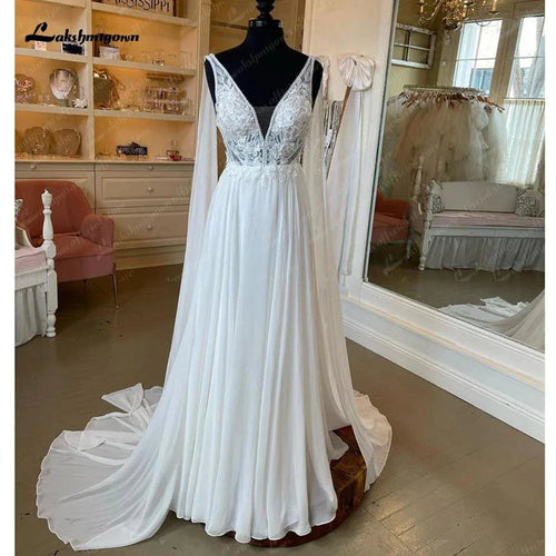 NumberSea Robe de mariée dos nu en mousseline longue boho sexy 2025 avec encolure en V et dentelle sur la ligne A pour la plage