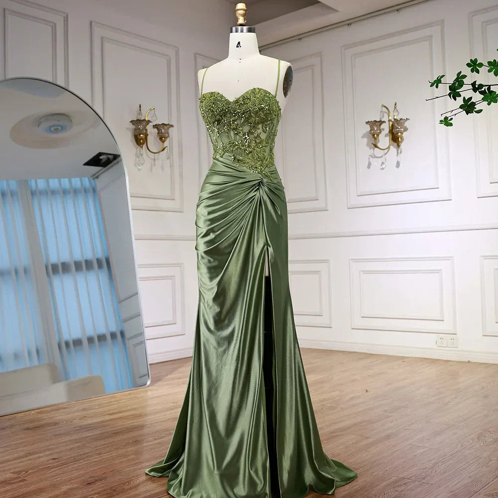 Abito da Ballo in Satin Verde Salvia di Lusso con Spacco LA73032