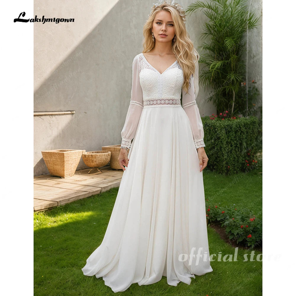 Lakshmigown Vestidos Puffy Chiffon Long Sleeve Boho Wedding Dress for Women 2026 Plus Size Bridal Beach Wedding Gowns Customized