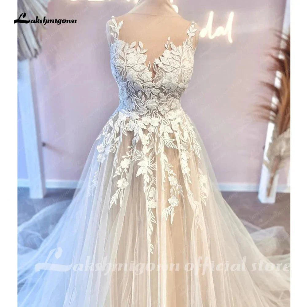 NumberSea Princess Floral Lace Wedding Dresses For Women Champagne Civil Boho Wedding Gowns Vestido De Novia Court Train