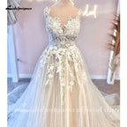 NumberSea Princess Floral Lace Wedding Dresses For Women Champagne Civil Boho Wedding Gowns Vestido De Novia Court Train