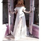 Lakshmigown Off The Shoulder Pleat Satin Wedding Dresses Customized Long Sleeves A-Line Bridal Gowns Sweep Train Bridal Dresses
