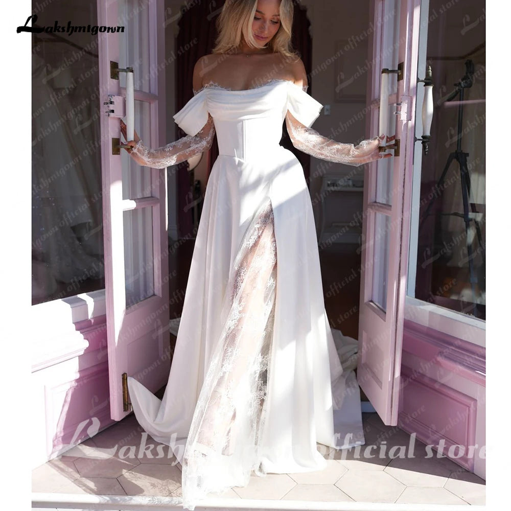 Lakshmigown Off The Shoulder Pleat Satin Wedding Dresses Customized Long Sleeves A-Line Bridal Gowns Sweep Train Bridal Dresses