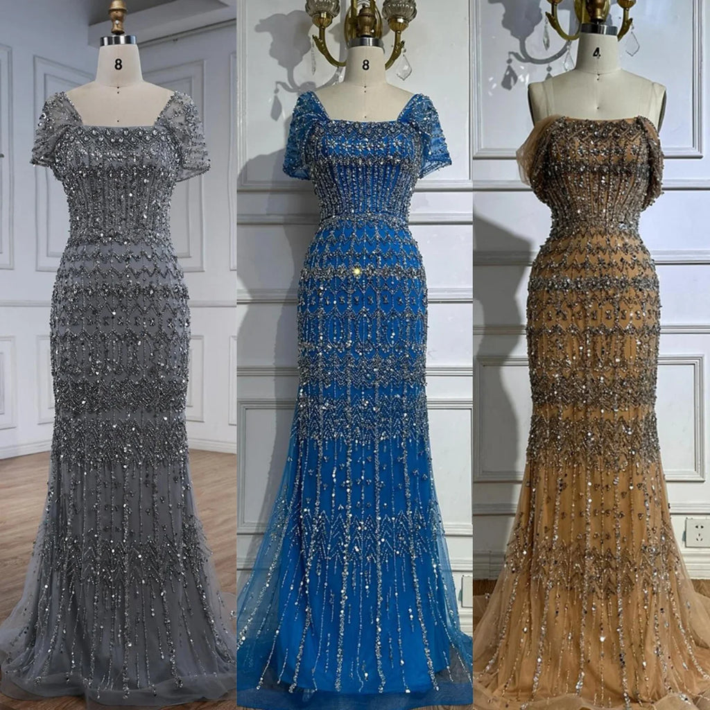 Serene Hill Blue Mermaid Beaded Evening Dresses with Detachable Sleeves Elegant Party Gowns for Women DLA72714 Customized