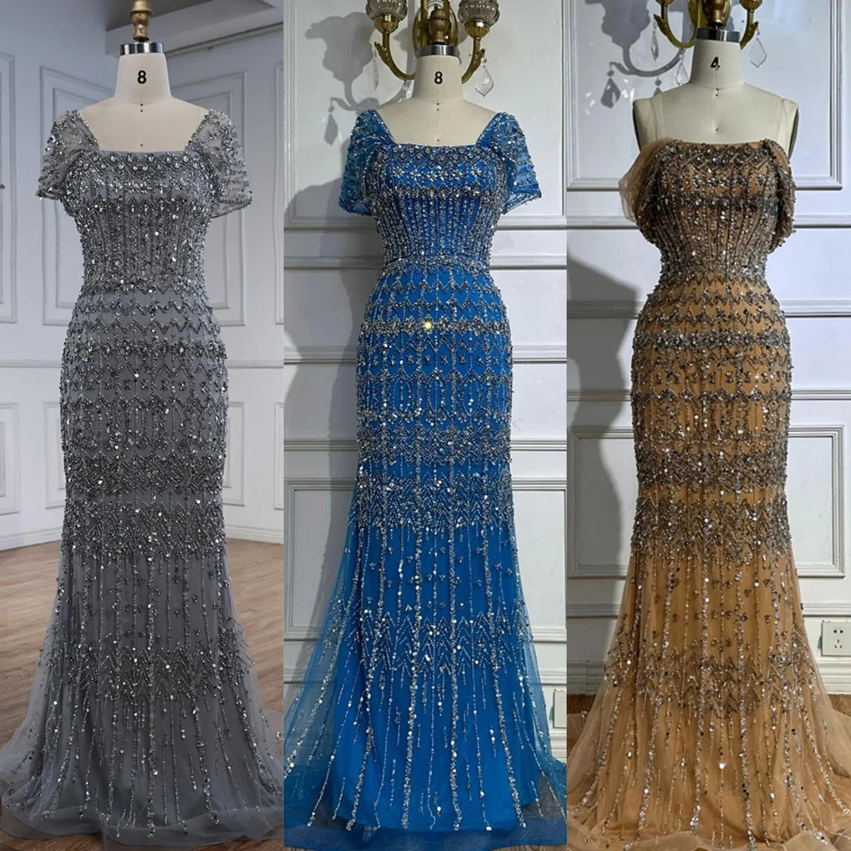 Serene Hill Blue Mermaid Beaded Evening Dresses with Detachable Sleeves Elegant Party Gowns for Women DLA72714 Customized