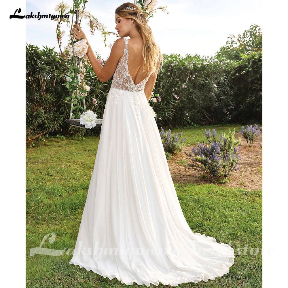 Lakshmigown Illusion Beach Wedding Dress Side Split Off Shoulder Long Sleeve Bridal Gown for Women Summer VestidoCustomized