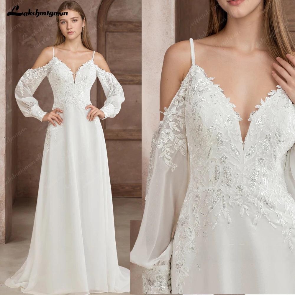 Lakshmigown Illusion Off White Wedding Dress Off Shoulder Long Sleeve Bridal Gown for Women Summer Vestido De Novia Customized