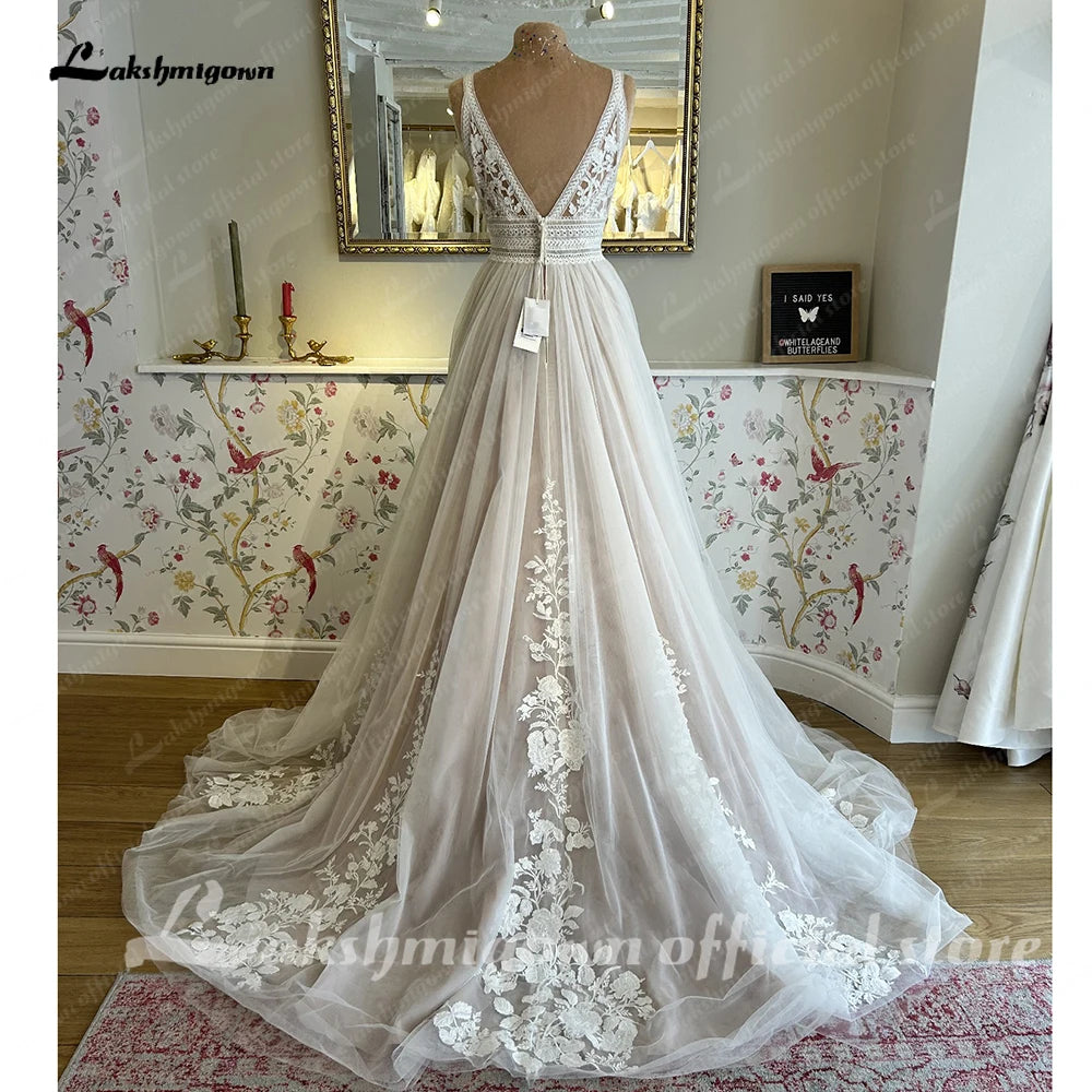 Lakshmigown V Neck Lace Appliques Boho Wedding Dress for Women Hochzeitskleid Robe Civil Boho Bridal Gown Vestido Novia