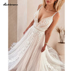 Lakshmigown Plunging V Bohemian Wedding Dress Customized Vestido Noiva Summer A Line Boho Wedding Gown V Neck Lace Open Back