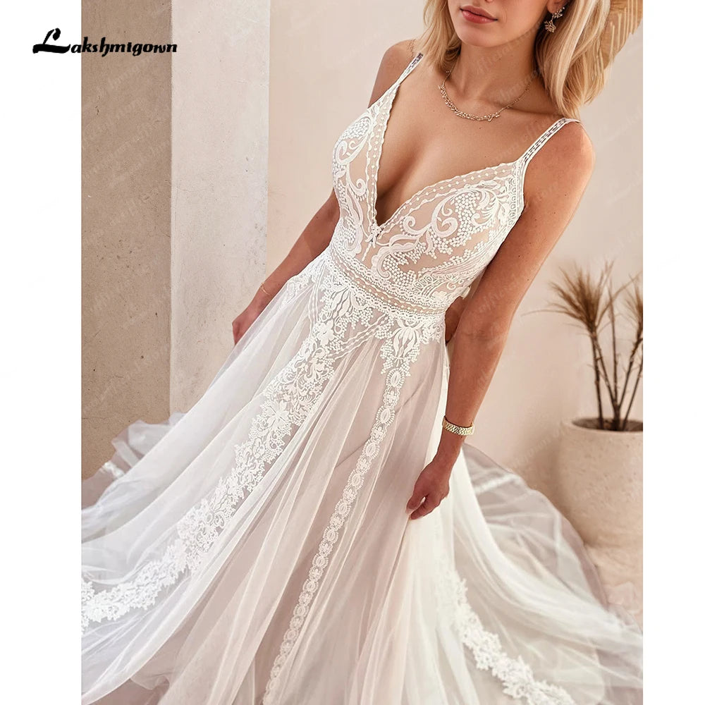 Lakshmigown Plunging V Bohemian Wedding Dress Customized Vestido Noiva Summer A Line Boho Wedding Gown V Neck Lace Open Back