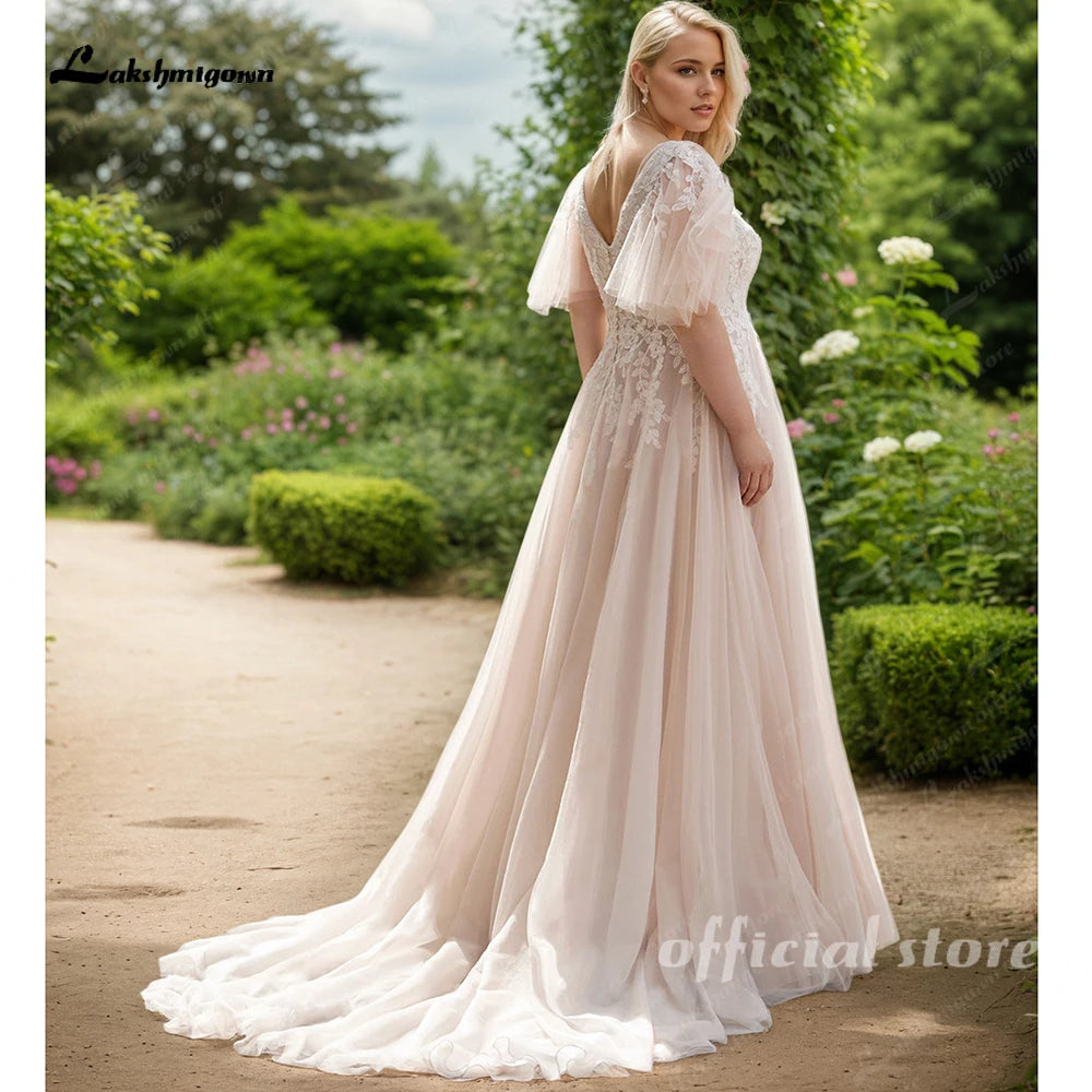 Lakshmigown Plus Size Wedding Dress New Women Applique Lace V-Neck Champagne A-Line Bride Gowns Robe De Mariée Customized