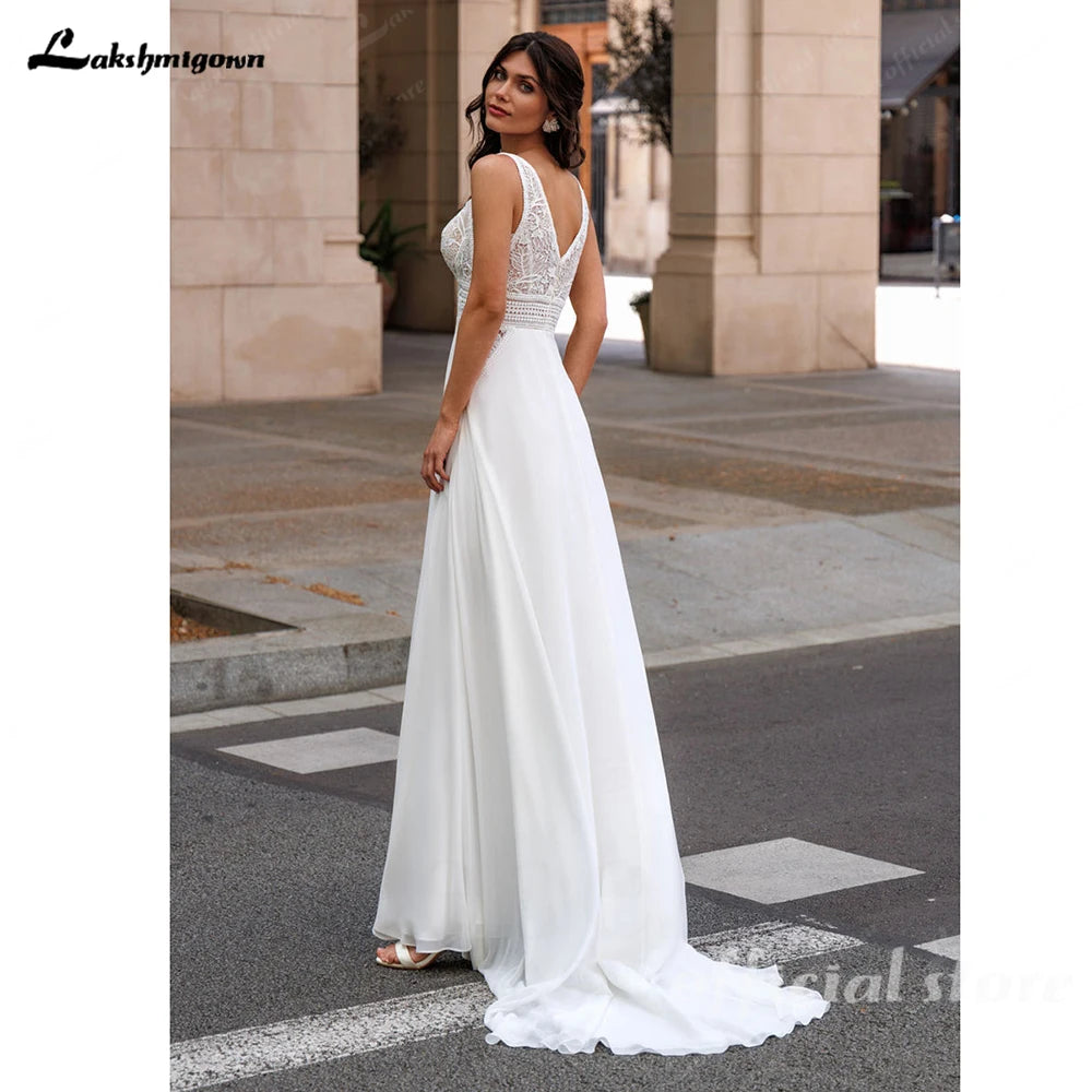 Lakshmigown Beach Wedding Dresses with Dectach Puffy Long Sleeve Vestito Donna Sexy Chiffon Boho Bridal Gowns Customized